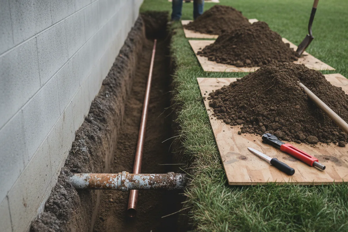 Excavated water line trench during Sewer Line Repair in Wagram